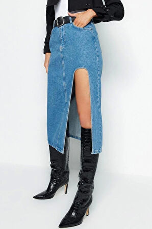 Moda Denim Düz Desen Günlük Maxi Boy Yırtmaçlı Midi Denim Etek