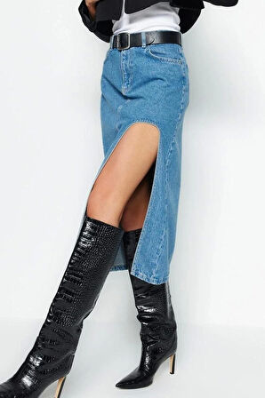 Moda Denim Düz Desen Günlük Maxi Boy Yırtmaçlı Midi Denim Etek