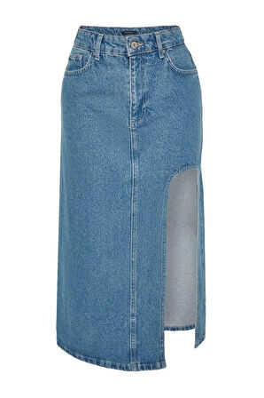 Moda Denim Düz Desen Günlük Maxi Boy Yırtmaçlı Midi Denim Etek