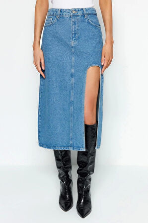 Moda Denim Düz Desen Günlük Maxi Boy Yırtmaçlı Midi Denim Etek