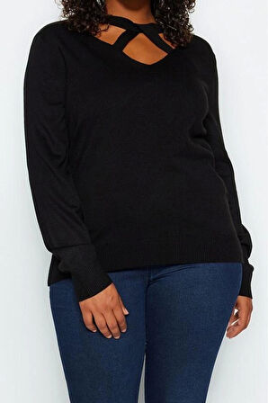 Büyük Beden Kadın Modern Tarz Rahat Uzun V Yaka Düz Kol Regular Triko Kazak