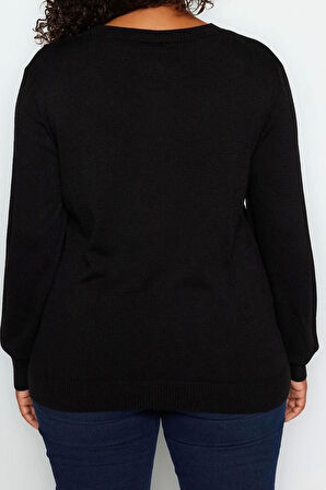 Büyük Beden Kadın Modern Tarz Rahat Uzun V Yaka Düz Kol Regular Triko Kazak