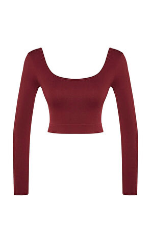 Moda Kare Yaka Örme Fit Düz Desen Sportswear Crop Uzun Kol Bluz