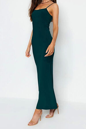 Moda Askılı Kare Yaka Maxi Elbise Mor Fitted Vücuda Oturan Askılı Maxi Esnek Örme Kalem Elbise