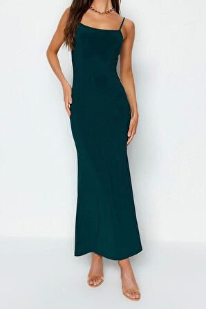 Moda Askılı Kare Yaka Maxi Elbise Mor Fitted Vücuda Oturan Askılı Maxi Esnek Örme Kalem Elbise
