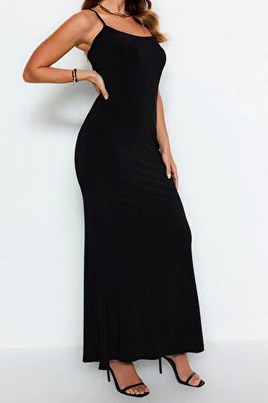 Moda Askılı Kare Yaka Maxi Elbise Mor Fitted Vücuda Oturan Askılı Maxi Esnek Örme Kalem Elbise
