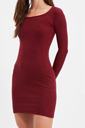 Moda Stil Slim Havuz Yaka Mini Boy Vücuda Oturan Yırtmaçlı Bisiklet Yaka Fitilli Esnek Örme Elbise