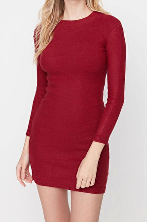Moda Slim Casual Günlük Rejenere Kaşkorse Örme Dik Yaka Uzun Kol Bodycone Mini Boy Elbise