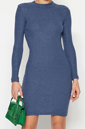 Moda Stil Slim Dik Yaka Mini Boy Vücuda Oturan Fitilli Esnek Örme Kalem Elbise