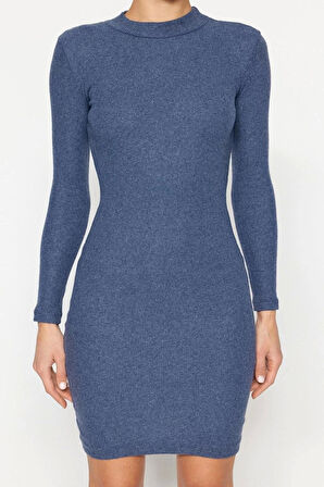 Moda Stil Slim Dik Yaka Mini Boy Vücuda Oturan Fitilli Esnek Örme Kalem Elbise
