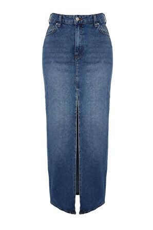 Moda Regular Düz Desen Günlük Maxi Boy Yırtmaçlı Maxi Denim Etek