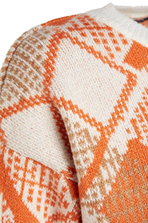 Stil Modern Kadın Crop Düşük Kol Bisiklet Yaka Geniş Kalıp Yumuşak Dokulu Desenli Triko Kazak