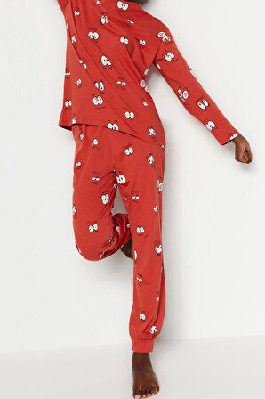 Tarz Rahat Uzun Kollu Boru Paça %100 Pamuklu Göz Desenli T-shirt-Jogger Örme Pijama Takımı