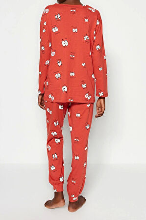 Tarz Rahat Uzun Kollu Boru Paça %100 Pamuklu Göz Desenli T-shirt-Jogger Örme Pijama Takımı