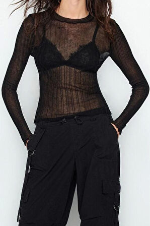 Stil Modern Kadın Regular Standart Kol Bisiklet Yaka Transparan Görünümlü Triko Kazak