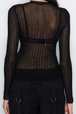 Stil Modern Kadın Regular Standart Kol Bisiklet Yaka Transparan Görünümlü Triko Kazak