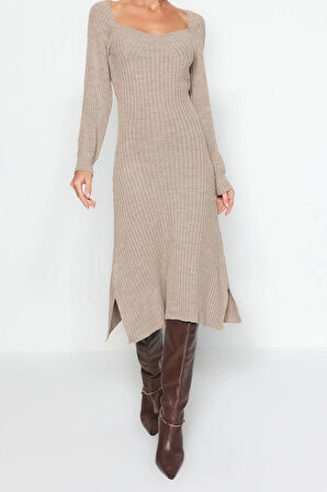 Moda Slim Casual Günlük Tek Plaka Triko Kalp Yaka Uzun Kol Basic Midi Boy Elbise