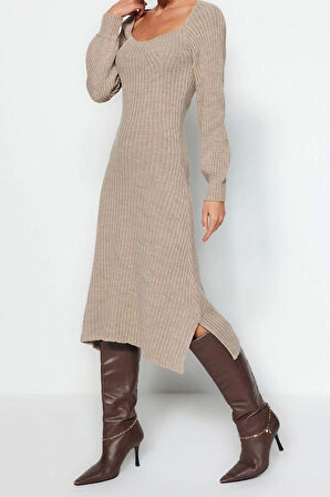 Moda Slim Casual Günlük Tek Plaka Triko Kalp Yaka Uzun Kol Basic Midi Boy Elbise