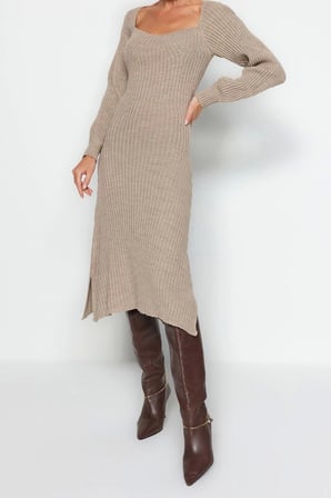 Moda Slim Casual Günlük Tek Plaka Triko Kalp Yaka Uzun Kol Basic Midi Boy Elbise