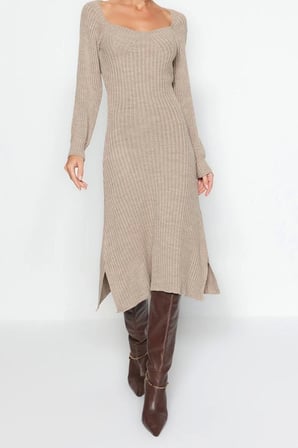 Moda Slim Casual Günlük Tek Plaka Triko Kalp Yaka Uzun Kol Basic Midi Boy Elbise