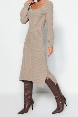Moda Slim Casual Günlük Tek Plaka Triko Kalp Yaka Uzun Kol Basic Midi Boy Elbise