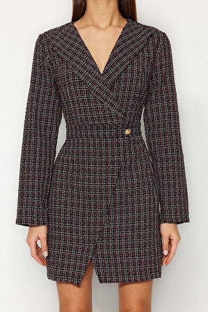 Moda Regular Business Tüvit Dokuma Ceket Yaka Uzun Kol Ceket Elbise Mini Boy Elbise