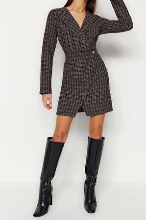 Moda Regular Business Tüvit Dokuma Ceket Yaka Uzun Kol Ceket Elbise Mini Boy Elbise