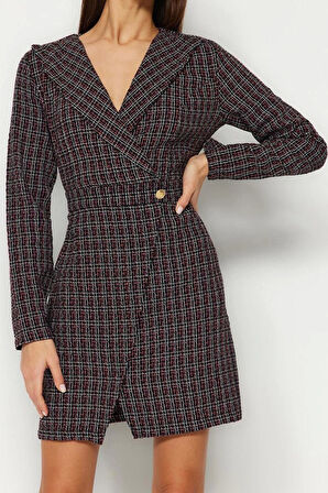 Moda Regular Business Tüvit Dokuma Ceket Yaka Uzun Kol Ceket Elbise Mini Boy Elbise