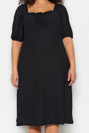 Moda Stil Relaxed Kalp Yaka Midi Boy Büyük Beden Örme Elbise