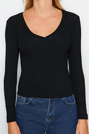 Moda V Yaka Örme Slim Düz Desen Casual Günlük Regular Uzun Kol Bluz