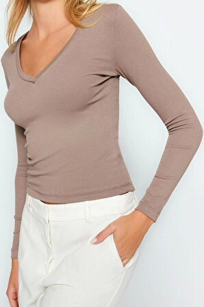 Moda V Yaka Örme Slim Düz Desen Casual Günlük Regular Uzun Kol Bluz