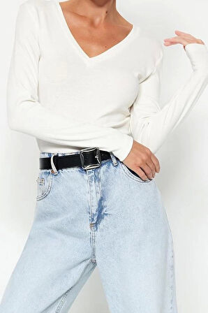 Moda V Yaka Örme Slim Düz Desen Casual Günlük Regular Uzun Kol Bluz