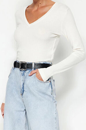 Moda V Yaka Örme Slim Düz Desen Casual Günlük Regular Uzun Kol Bluz