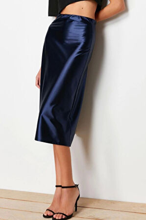 Moda A-line Düz Desen Günlük Midi Boy Premium Saten A Kesim Çan Form Midi Örme Etek