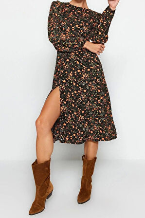 Moda Yırtmaçlı Casual Günlük Shally Dokuma Bisiklet Yaka Uzun Kol A-Line Midi Boy Elbise