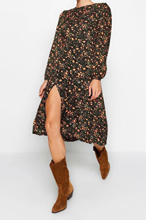 Moda Yırtmaçlı Casual Günlük Shally Dokuma Bisiklet Yaka Uzun Kol A-Line Midi Boy Elbise