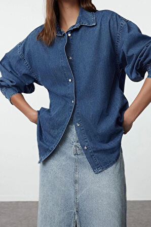 Moda Kadın Gömlek Yaka Düz Desen Günlük Oversize Denim Gömlek