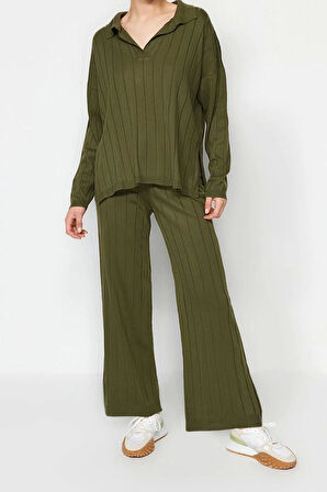 Moda Triko Düz Polo Yaka Düşük Kol Casual Günlük Oversize Triko Alt-Üst Takım