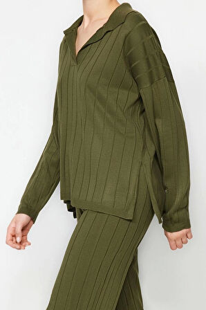 Moda Triko Düz Polo Yaka Düşük Kol Casual Günlük Oversize Triko Alt-Üst Takım