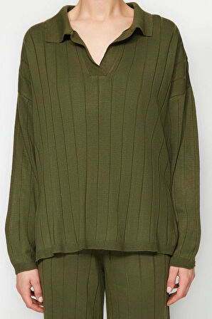 Moda Triko Düz Polo Yaka Düşük Kol Casual Günlük Oversize Triko Alt-Üst Takım