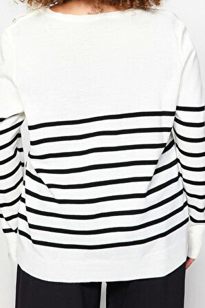 Büyük Beden Kadın Modern Tarz Rahat Uzun Bisiklet Yaka Çizgili Kol Regular Triko Kazak