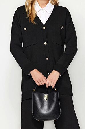 Moda Düz V Yaka Düşük Kol Casual Günlük Siyah Düğmeli Hırka-Pantolon Triko Alt-Üst Takım