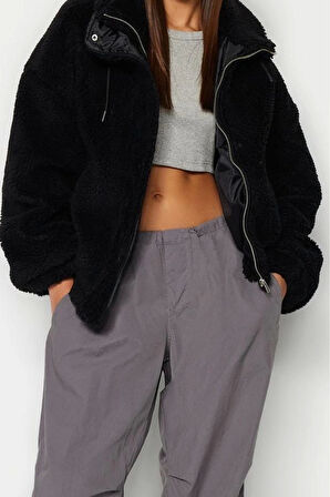 Tasarım Düz Astarlı Yaka Standart Oversize Dik Kadın Oversize Peluş Mont