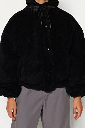 Tasarım Düz Astarlı Yaka Standart Oversize Dik Kadın Oversize Peluş Mont