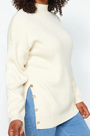 Büyük Beden Kadın Modern Tarz Rahat Uzun Balıkçı Yaka Düz Kol Uzun Triko Kazak