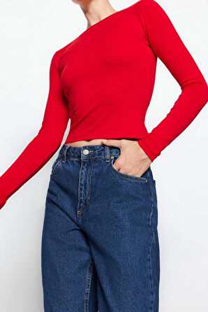 Moda Kayık Yaka Örme Slim Düz Desen Casual Günlük Regular Uzun Kol Bluz