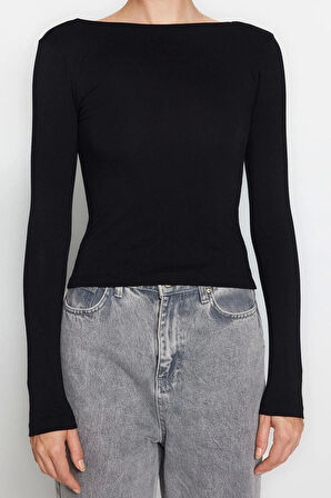 Moda Kayık Yaka Örme Slim Düz Desen Casual Günlük Regular Uzun Kol Bluz