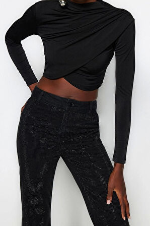 Moda Dik Yaka Örme Slim Düz Desen Şık gece Crop Uzun Kol Bluz