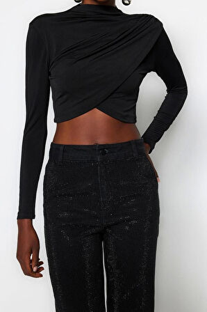 Moda Dik Yaka Örme Slim Düz Desen Şık gece Crop Uzun Kol Bluz