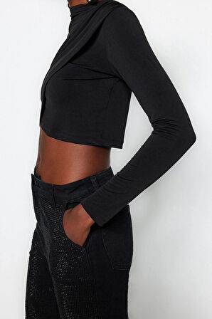 Moda Dik Yaka Örme Slim Düz Desen Şık gece Crop Uzun Kol Bluz